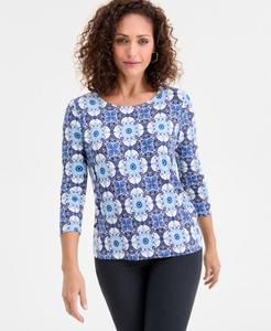 Женская жаккардовая блузка с принтом, рукавами 3/4 и круглым вырезом JM Collection, Bright Sapphire Combo