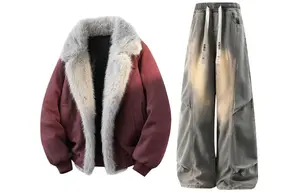 Повседневная спортивная одежда унисекс с воротником стойкой, утепленная и с флисовой подкладкой X1617, top красный+pants желтый mud fleece-lined