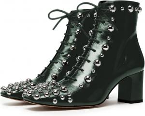 Женские ботильоны YDN с квадратным носком и шнуровкой, заклепками, на низком блочном каблуке, модные повседневные уличные стильные короткие ботинки, размеры 4-16 US, Dark Green