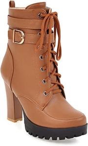 Женские ботильоны на высоком каблуке VOKLIN с платформой, кружевными шнурками, круглым носком, пряжкой и молнией, нарядные короткие ботинки, Brown-Velvet Lined