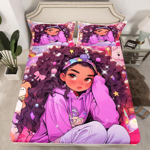 Erosebridal Комплект постельного белья Afro Girls American African Princess с принтом волос в фиолетовых тонах, Multi 02