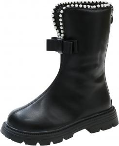 Детские зимние сапоги до середины икры для девочек с меховой подкладкой, застежкой-молнией сзади, стильные ботинки для верховой езды с бантом и жемчужной отделкой, модные армейские ботинки, размер 3-11 лет Generic, Black