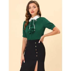 Женская рабочая рубашка с контрастным воротником и завязкой на пуговицах спереди и короткими рукавами ALLEGRA K, черный