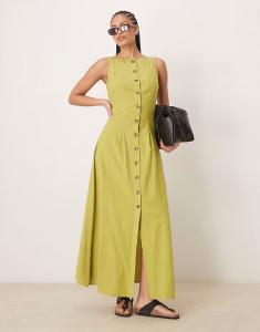 ASOS DESIGN Длинное платье-жилет на пуговицах с вырезом-лодочкой зеленого цвета ASOS Tall