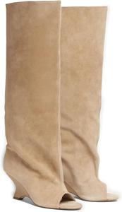 Женские сапоги до колена из замши, верблюжий цвет, на клиновидном каблуке 3 дюйма, открытый круглый носок, носка без застежек, широкий голенище, комфортные модные длинные ботильоны для осени и зимы NSZPD, Camel