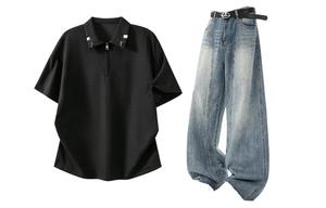 Повседневная спортивная одежда Unisex с лацканом Lapel Moderate X1617, черный top+синий pants