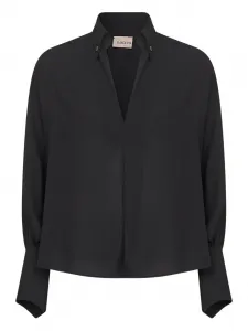 Блузка с V-образным вырезом и застегивающимися на пуговицы манжетами Blanca Vita, черный