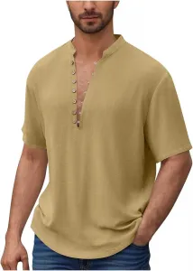 Мужская хлопковая льняная рубашка с планкой и коротким рукавом