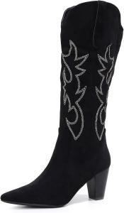 Женские модные эластичные сапоги до колена VenusCelia, Black Suede Embroidery