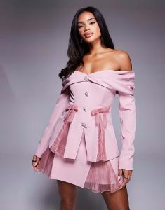 Блейзер с открытыми плечами и складками из органзы пыльно-розового цвета Asos Luxe