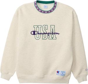 Мужская хлопковая толстовка Champion с длинными рукавами, свободного кроя, круглым вырезом, вышитым логотипом и резиновым принтом, модель Action Style, C3-A018, овсяный