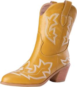 Женские ковбойские сапоги с вышивкой, заостренный носок, широкий голень, ковбойские сапоги, массивный каблук, с легким надеванием, короткие западные сапоги, широкий голень, кантри-сапоги высокой посадки для стильной девушки Generic, 1-Yellow