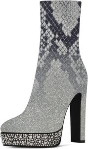 Женские ботильоны FYS на платформе с острым носком, массивным высоким каблуком, из замши с стразами, заклепками, на среднем голенище с молнией для женщин, сексуальная обувь для вечеринок и повседневной носки, размеры США 4-15, Grey