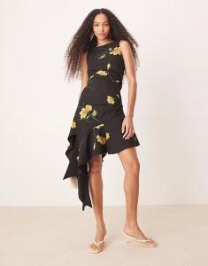 Платье миди ASOS DESIGN с асимметричным подолом и оборкой, с черно-желтым цветочным принтом