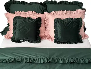 Комплект постельного белья из хлопка с оборками, пододеяльник для спальни 160x200 см + 6 наволочек, цвет бутылочно-зеленый/грязно-розовый EDANTI