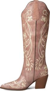 Женские ковбойские сапоги iiimmu, высокие до колена, винтажные с цветочной вышивкой, классическая модель с легким надеванием, западная обувь, Vintage Pink-Pu