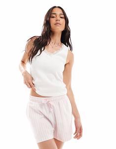 Пижамный комплект из потертых хлопковых полосатых шорт и жилета с кружевной отделкой розового и белого цвета Threadbare