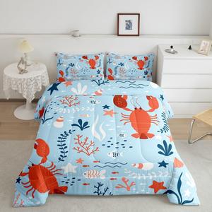Erosebridal Комплект постельного белья Lobster Comforter Set с морским принтом и абстрактными водорослями в голубых тонах, Red Blue