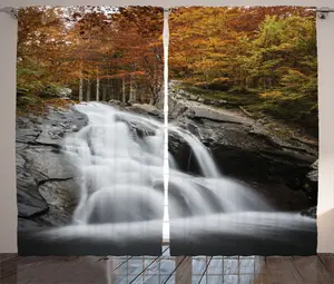 Шторы ABAKUHAUS Деревенский пейзаж, Осенние деревья с озером, универсальные ленточные шторы для гостиной с петлями и крючками, 280 x 225 см, оранжевый, белый и зеленый Abakuhaus