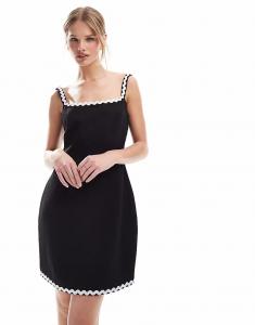 Мини-платье 4th & Reckless из льна с квадратным вырезом и контрастной отделкой из бисера в монохромном исполнении