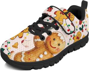 Детские спортивные кроссовки для девочек на рождественскую тематику с застежкой-липучкой, милым принтом, из дышащей сетки, для малышей и детей постарше, размер US 10.5-2.5 Watdotory, Gingerbread Man Light Bell