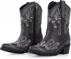 Женские ковбойские ботильоны с камнями на щиколотке, вышитые короткие ковбойские сапожки с низким каблуком, боковой молнией, удобным массивным каблуком, вестерн-ботильоны для выпускного, вечеринки или свадьбы, обувь без застежки. Krypthixor, Charcoal