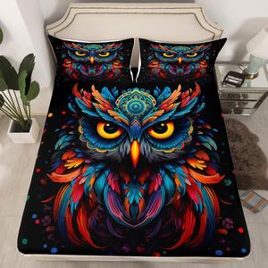 Erosebridal Комплект постельного белья Hippie Owl с кавайными мультяшными совушками и радужными перьями в богемном стиле, Blue Orange