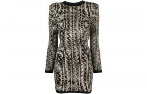 Платье из шерстяной ткани с принтом Monogram BALMAIN, черный