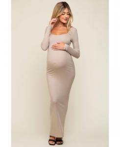 Длинное платье для беременных, черное, в рубчик, с длинными рукавами и квадратным вырезом Pinkblush, Taupe
