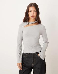 Хлопковый лонгслив с длинными рукавами и вырезами ASOS DESIGN серого меланжевого цвета
