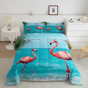 Erosebridal Комплект постельного белья Flamingo Hawaii Beach с морским принтом и пальмовыми листьями в красных и синих тонах, Multi 02