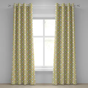 Штора ABAKUHAUS Ikat с люверсами, овальный дизайн, яркий цветной мотив Ogee, узор, вдохновленный индонезийской культурой, декоративные двухпанельные шторы, 280 см x 245 см, желтый, серый, белый