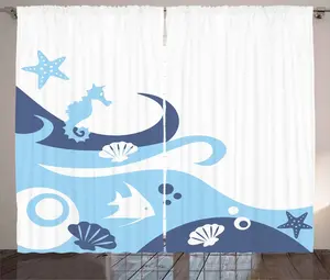 Штора ABAKUHAUS Океан Рустик, глубоководные обитатели океана, присборенная штора для спальни с петлями и крючками, 280 x 245 см, цвет: белый, аквамариновый Abakuhaus