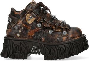 Новые коричневые кожаные готические ботильоны на платформе New Rock M-106-C194 с эффектом пламени