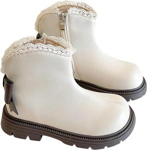 Девочкам зимние теплые короткие сапожки с флисовой подкладкой, милым бантиком, кружевной отделкой, принцесские сапожки для верховой езды с боковой молнией Generic, White