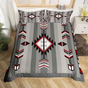 Erosebridal Богемский комплект постельного белья Aztec в стиле вестерн с этническим принтом, Grey Red Black