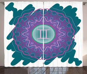 Штора ABAKUHAUS "Близнецы" в деревенском стиле, рисунок мандалы, универсальные ленточные шторы для гостиной с петлями и крючками, 280 x 245 см, бирюзовый, розовый и зеленый Abakuhaus