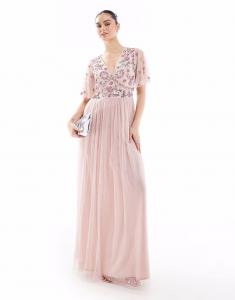 Платье макси для подружек невесты Floral с сетчатым узором в горошек нежно-розового цвета Maya