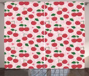 Штора ABAKUHAUS "Розовый с фруктами", забавный дизайн "Вишня кавайи", универсальная тесьма для гостиной с петлями и крючками, 280 x 225 см, нежно-розовый, рубиново-зеленый Abakuhaus