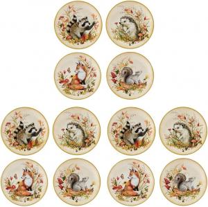 Керамические салатники и десертные тарелки Woodland Critters  23 см, набор из 4 тарелок с лесными животными: лиса, енот, белка и ёжик - Cottagecore посуда для осенних обедов и Дня благодарения, 3 набора Certified International, мультиколор