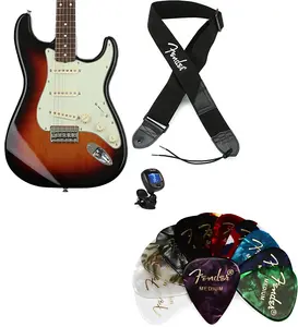 Fender Robert Cray Standard Stratocaster - 3-цветный Sunburst с грифом из розового дерева. Набор с ремнем Fender 2" из полиэстера с логотипом - черный с белым логотипом... (4 предмета)
