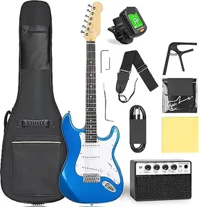 Unbranded Набор для начинающих с электрогитарой, полноценная электрогитара с корпусом из цельного дерева 39" SSS для новичков, с усилителем 5W x 2, сумкой, цифровым тюнером, капо, ремнем, струнами, кабелем, медиаторами, сапфирово-синяя