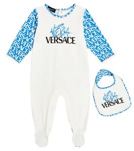 Детский комбинезон и нагрудник из хлопковой смеси с принтом Versace Kids, White+Light Blue+Black
