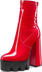 Женские ботильоны на платформе Aachcol с толстым каблуком, высокой пяткой, коротким голенищем, молнией, округлым закрытым носком, лакированные, каблук 5,5 дюйма, Red
