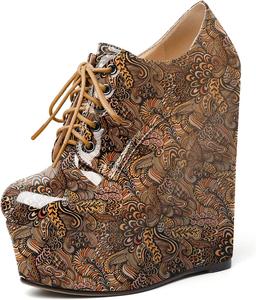 Женские ботильоны AUMOTED на танкетке, круглый носок, платформенные короткие ботинки, для свиданий, из лакированной кожи, с шнуровкой, на танкетке 15 см, на молнии, удобные, Flower Brown