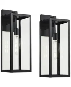 Комплект из двух современных настенных уличных светильников Titan в прямоугольной раме черного цвета Mystic Black с прозрачным стеклом, для установки на столбах, в амбаре John Timberland