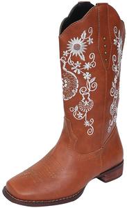 Женские ковбойские сапоги SACFOF, средняя голень, ковбойские и вестерн-сапоги с вышивкой подсолнуха, квадратный носок, низкий каблук, зимние сапоги, Brown