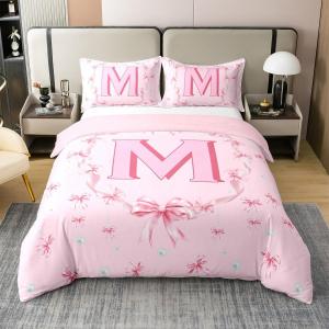 Erosebridal Комплект постельного белья Alphabet Series Duvet Cover Letter M с розовыми бабочками и бантами из жемчужного геометрического материала, Pink M