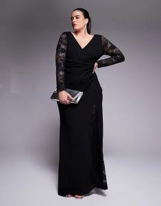 Платье макси Goddiva Curve с кружевом и запахом, черное, из ткани в стиле «скуба»