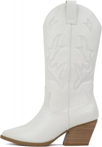 Soda Orville ~ Женские западные ковбойские модные ботильоны с острым носком, каблуком и средней голенью, White Pu
